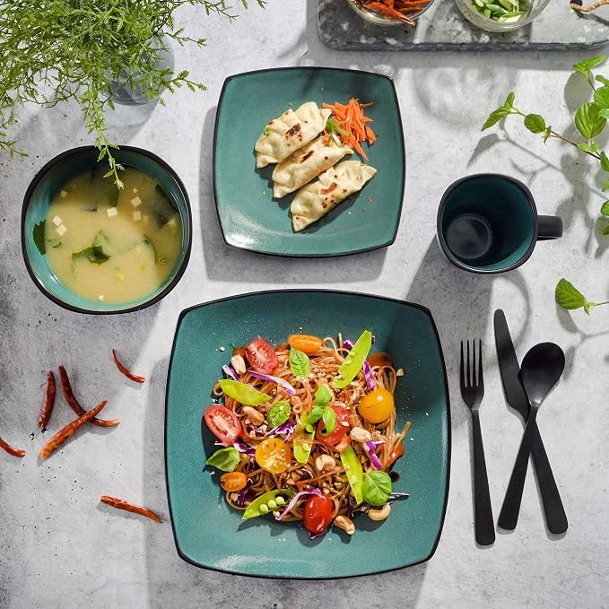 Gibson Elite Soho Lounge 16-Piece Reactive Glaze Dinnerware Set – Teal and Black Tutone Stoneware Plates and Bowls - Image 5