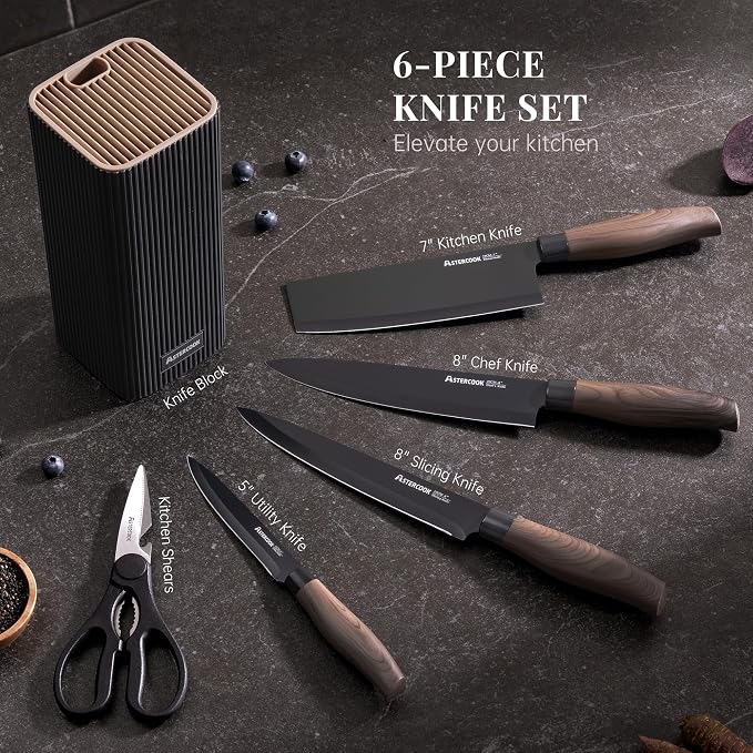 Astercook Knife Set, 6-Piece Kitchen Knife Set with Block, High Carbon Stainless Steel Ultra Sharp Kitchen Knives, Wood Grain Handle, Dishwasher Safe Knife Block Set, Black, Kitchen Utility Knives - Image 2
