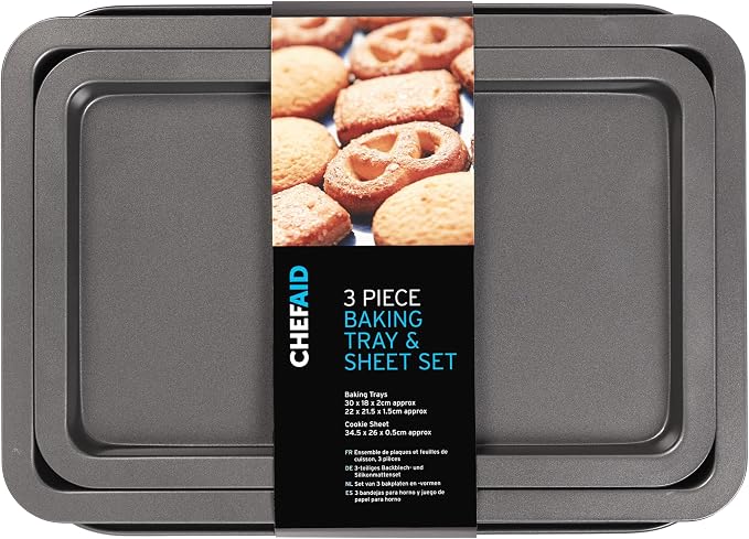 Chef Aid Carbon Steel Baking Tray and Sheet Set, Includes 3 Trays with Durable Non-Stick Coating, The Baking Trays Measure 30cm x 18cm and 21.5cm x 33cm with The Baking Sheet Measuring 35cm x 26cm by Unknown