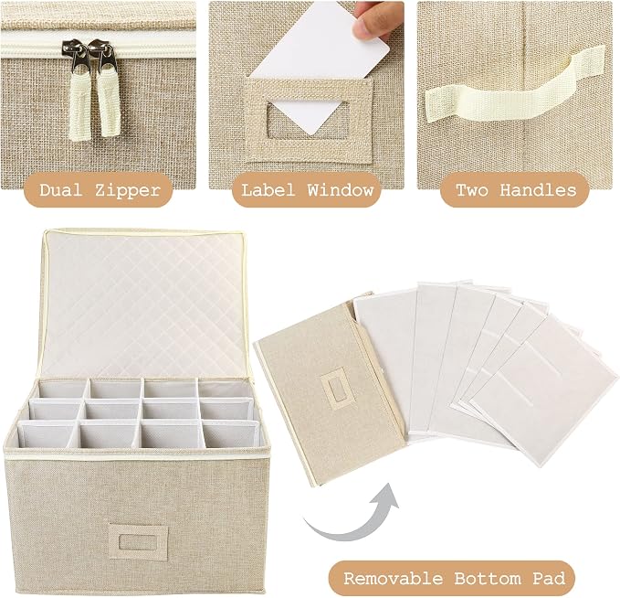 LotFancy Stemware Storage Container for Moving, Hard Shell, Stackable Wine Glass Storage Box with Dividers & Handles, Crystal Glassware, Champagne Flute, Drinkware Case, Beige - Image 4