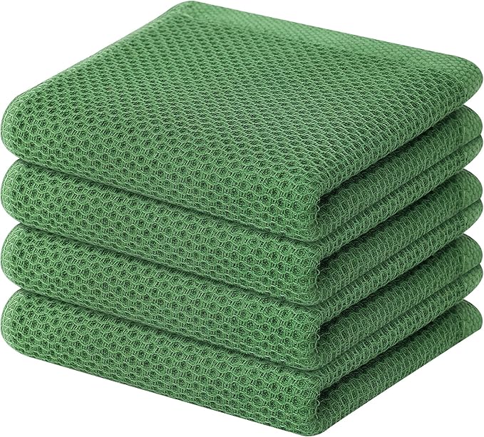 Homaxy 100% Cotton Waffle Weave Kitchen Dish Towels 4-Pack, Grass Green | 13 x 28 Inches, Ultra Soft Absorbent Dish Towels, Quick Drying Cleaning Towels by Homaxy