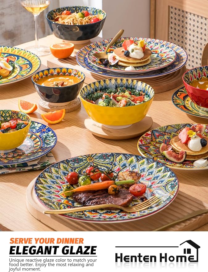 Henten Home Ceramic Dessert Plates Set of 6, 8.5 Inch Porcelain Salad Plate, Colorful Bohemian Style Serving Dishes for Cake, Snack, Appetizer, Decorations, Dishwasher & Microwave Safe - Image 6