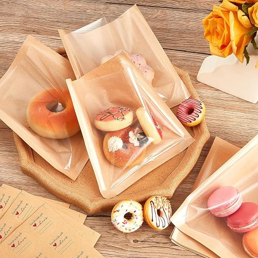 Outus 30 Pcs Cookie Packaging Bags with Seal, 7.1 x 7.5 Inch Bakery Pastry Bags with Window, Heat Sealable Grease Resistant Paper to Go Bake Sleeves for Gift Giving Donut Bread Sandwich (Brown) - Image 5