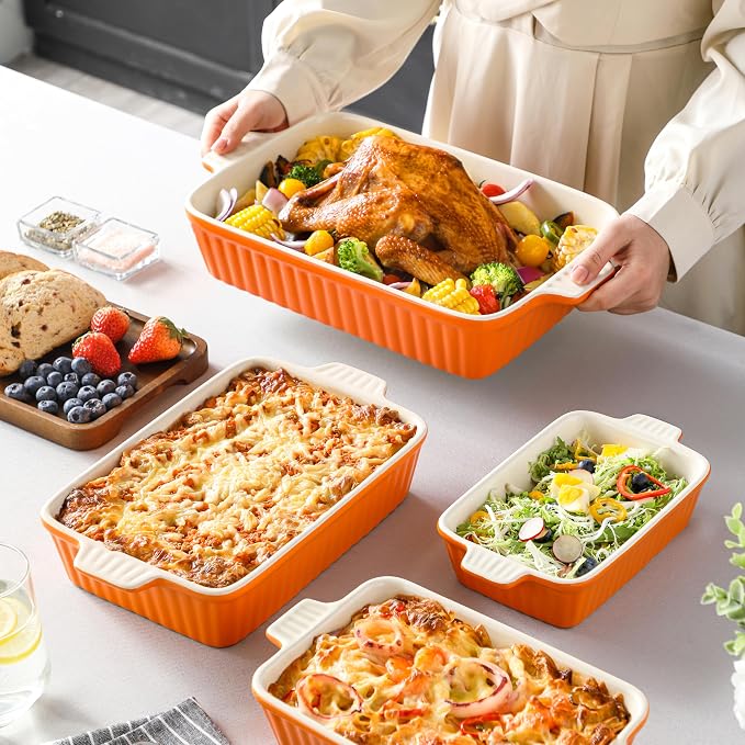 MALACASA Casserole Dishes for Oven, Ceramic Baking Dishes Set of 4,Orange | Rectangular Lasagna Pans Bakeware for Roasting Vegetable, Gratins, Gift Set, Oven Dishwasher Safe (9.4/11.1/12.2/14.7") - Image 7