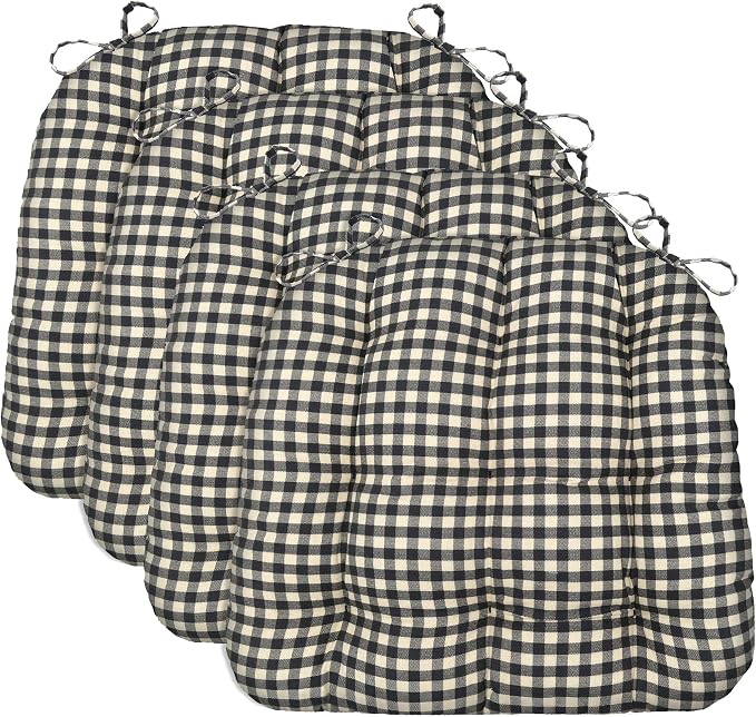 Barnett Home Decor Chair Cushions for Dining Chairs - 15x17 Kitchen Chair Cushions - Machine Washable, 100% Cotton, Made in USA - Latex Foam Chair Pads - Farmhouse Check Black and White Pack of 4 by BarnettHomeDecor