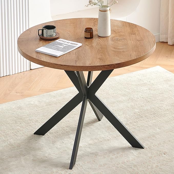 37 Inch Round Dining Table Set for 4, Modern Small Circle Kitchen Coffee Set for Apartment Living Room Office, Save Space(1 Wooden Table + 2 Grey PU Leather Chairs) - Image 8