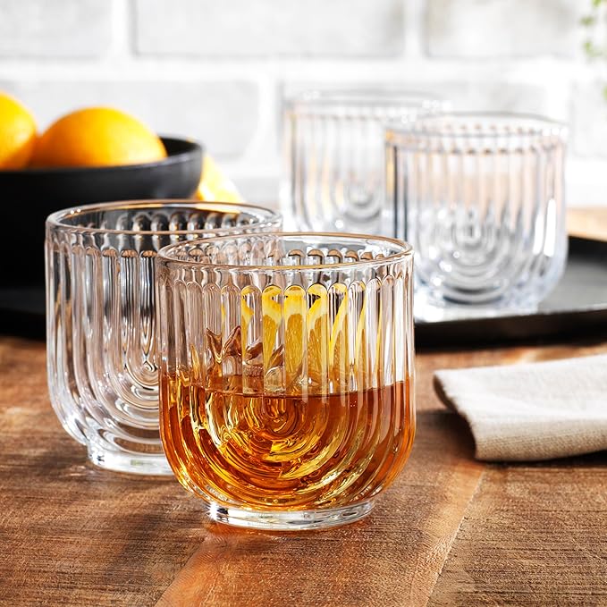 Glaver's 8-Piece Drinking Glass Set, Art Deco Ribbed Arch Glassware, Clear U-Shape Design, 17oz Highball and 11oz DOF Glasses Kitchen Glasses - Image 5