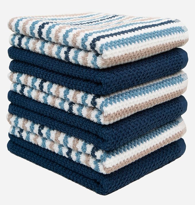 Bumble Kitchen Towels 6 Pack 100% Cotton 16"x26" - Blue Wide Stripe | 430 GSM Soft Kitchen Hand Towels with Hanging Loop, Highly Absorbent & Durable for Washing and Drying Dishes - Image 5