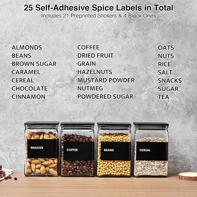Glass Storage Jars with Bamboo Lids, 27oz Square Spice Jars for Kitchen Pantry Organization, Glass Seasoning Bottles Spice Containers with Labels for Cereal Flour Beans Tea - Image 6