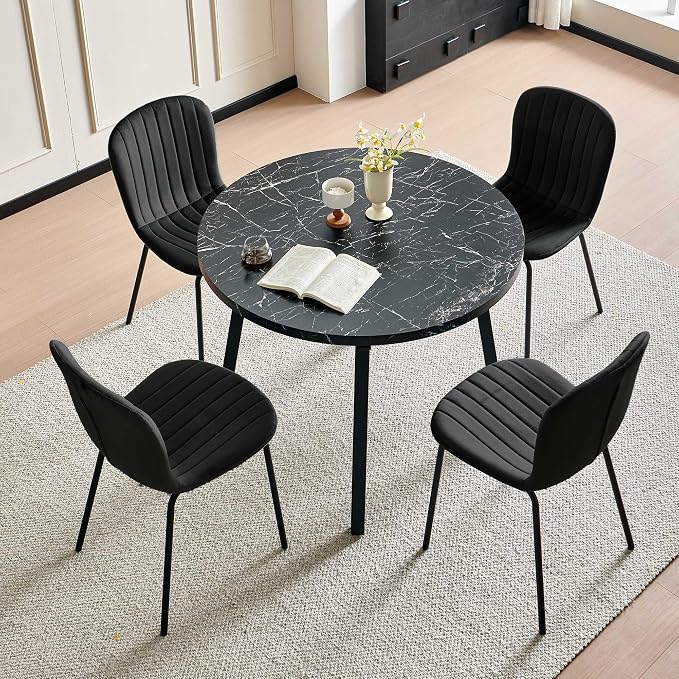 Small Round Dining Table Set for 4 People, 37" Modern Kitchen Table | 5-Piece Set, Faux Black Marble MDF table, 4 Black Velvet Chairs, Easy Assembly, Space-saving, Fits Small Dining Room - Image 2