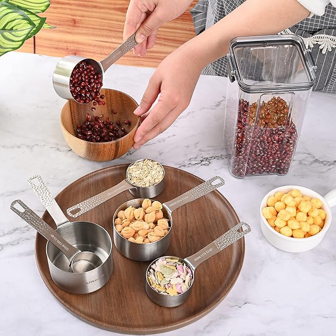 18/8 Stainless Steel Measuring Cups and Spoons Set 14 for Baking & Kitchen, Metric & US Metal 6 Measuring Cups and 7 Measuring Spoons with 1 Leveler