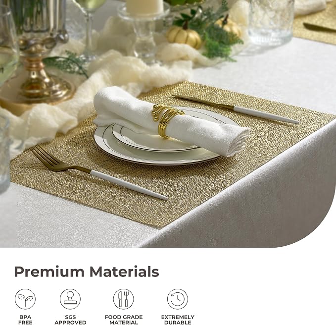 Leetaltree Gold Placemats Set of 6 - Heat Resistant Non-Slip Place mats for Dining Table, Washable Durable PVC Vinyl Woven Table Mats(Luxury Gold, 6) - Image 5