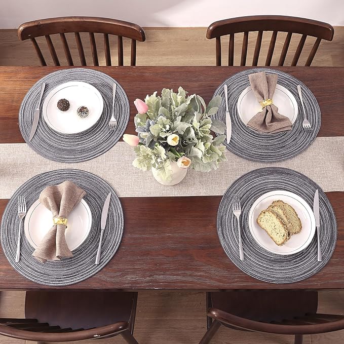 SHACOS Round Placemats Set of 4 Round Braided Placemats 15 inch Cotton Polyester Woven Table Placemats for Dining Table Holiday Party (Black Grey, 4) - Image 7