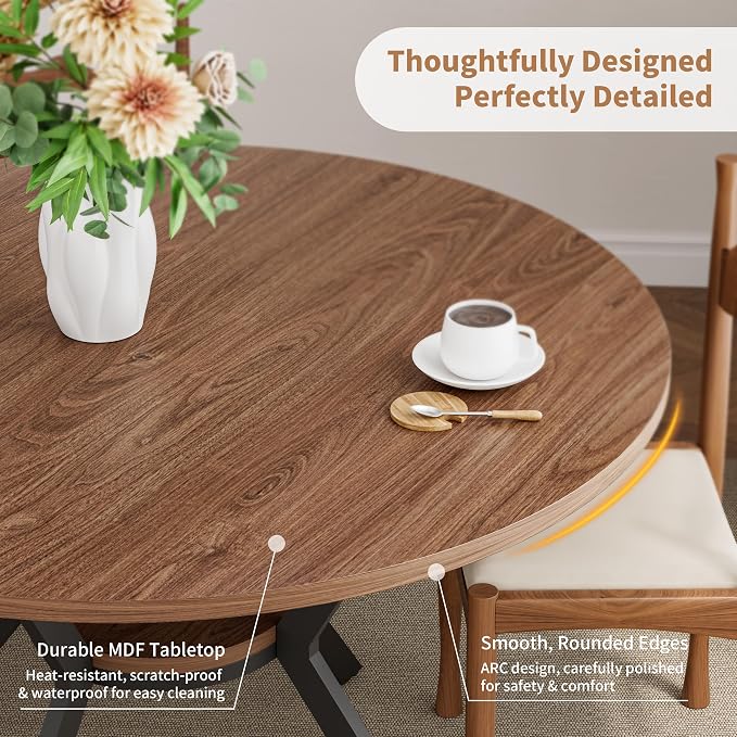 42" Round Dining Table for 4, Farmhouse Kitchen Table with Storage, Space Saving Circle Dinner Table, Rustic Wood Kitchen & Dining Room Tables with Metal Legs for Home, Apartment, Office, Restaurant - Image 6