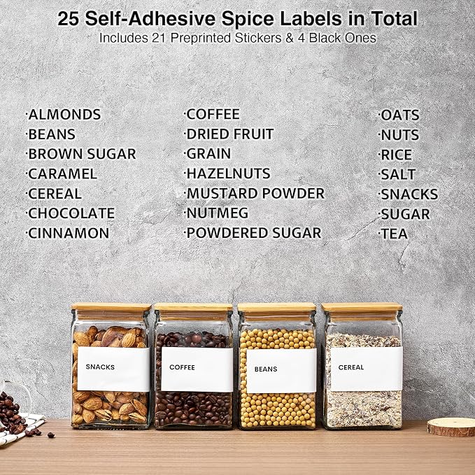 Glass Storage Jars with Bamboo Lids, 27oz Square Spice Jars for Kitchen Pantry Organization, Glass Seasoning Bottles Spice Containers with Labels for Cereal Flour Beans Tea - Image 6