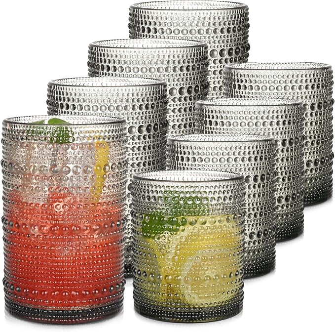 Gray Hobnail Drinking Glasses Set of 8，15 oz Vintage Highball Glassess & 12 oz Cocktail Glasses，Drinkware Kitchen Glasses for Cocktail, Iced Coffee, Beer, Ice Tea, Wine, Whiskey, Water by JPPSUJJ
