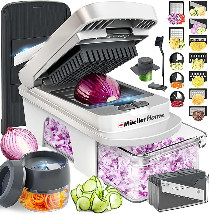 Mueller Pro-Series All-in-One, 12 Blade Mandoline Slicer for Kitchen | Spiralizer, Food Chopper, Vegetable Slicer, Cutter, Dicer, Grater, Kitchen Gadgets with Container, White Sand/Gray by Mueller