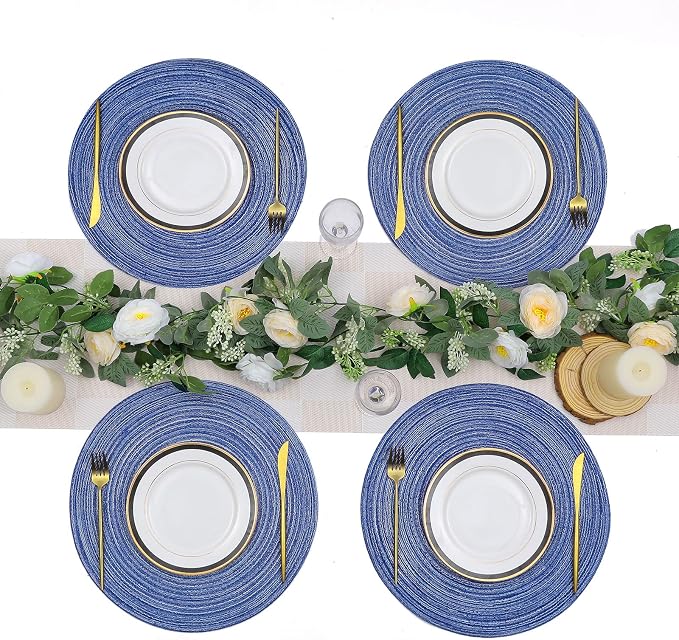 SHACOS Round Braided Placemats 15 inch Set of 6 Washable Kitchen Table Placemats for Home Wedding Party (Blue White, 6) - Image 7