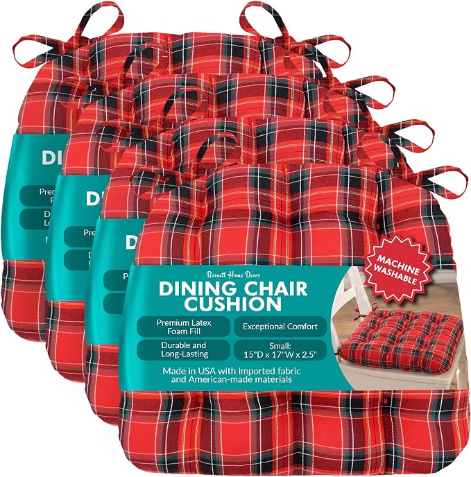 Barnett Home Decor Indoor Dining Chair Cushions - 15x17", Machine Washable, 100% Cotton Upholstery, Premium Latex Foam Fill, Reversible, Durable Kitchen Chair Pad - Tartan Blue, Small, Pack of 4 by BarnettHomeDecor