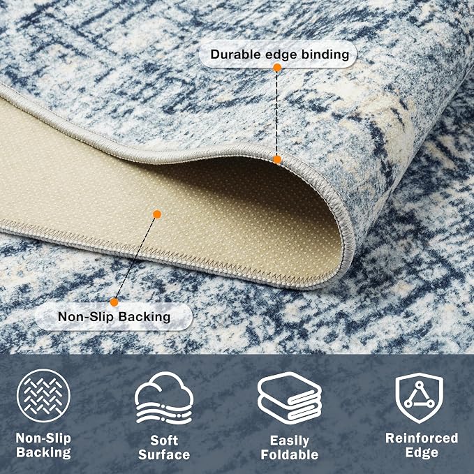 9x12 Washable Area Rug for Living Room Bedroom: Non-Slip Modern Blue Gold | Machine Washable TPR Backing, Stain-Resistant Low Pile, Pet & Kid Friendly, Abstract Decor for Dining Room, Dorm, Home Office - Image 4