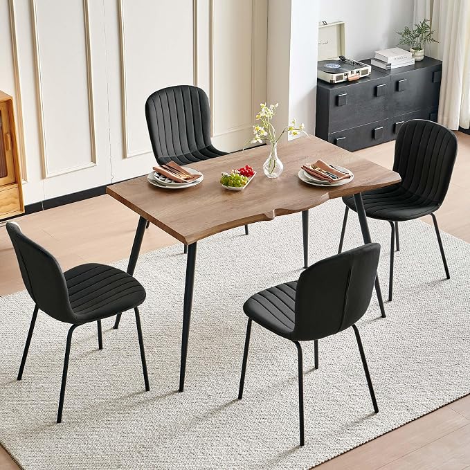 Rectangle Dining Table Set for 4 with Black Velvet Chairs | 5-Piece Mid-Century Modern Set, Irregular MDF Table, Wood Grain, Space-Saving for Small Spaces, Dining Rooms, Easy Assembly - Image 6