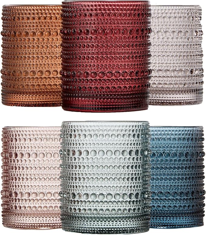 Vintage Beaded Hobnail Tumbler, Colored Drinking Glasses, Set of 6 | 11 oz | Vintage Colored Glass, HAND WASH ONLY, Comfortable Grip, Ideal for Whiskey, Water, Wine, Cocktails & Everyday Beverages by Khen