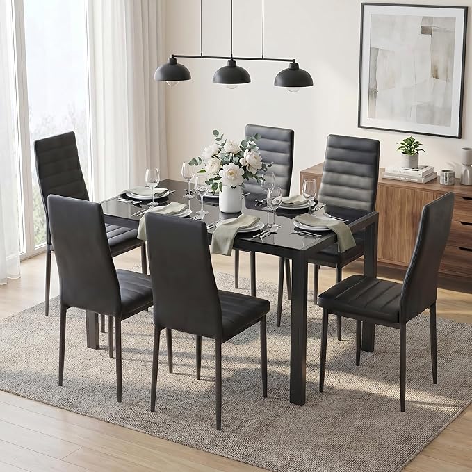 Gizoon Black 7 Piece Glass Dining Table Set, Kitchen Table and Chairs Set | PU Leather Modern Dining Room Furniture,Dining Table Sets,Space Saving Table and Chairs Set for Home, Kitchen, Living Room by Gizoon