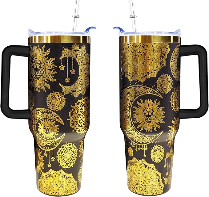 40 oz Bohemia Laser Engraving Tumbler With Handle With Lid Straw Double Insulated Travel Coffee Cup Boho Travel Accessories Must Have Gifts For Women