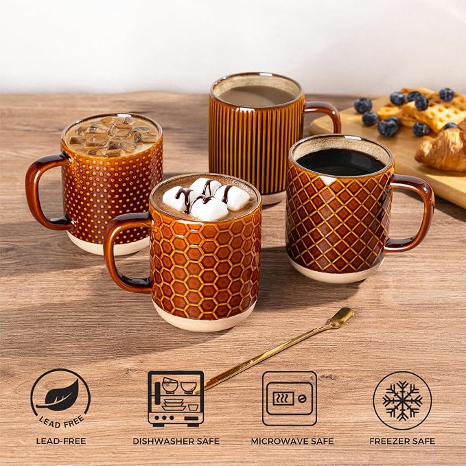 GBhome 12oz Coffee Mugs Set of 4, Handmade Stoneware Coffee Mugs Set with Large Handle for Cappuccino/Latte/Tea/Hot Cocoa, Dishwasher & Microwave Safe, Caramel - Image 5