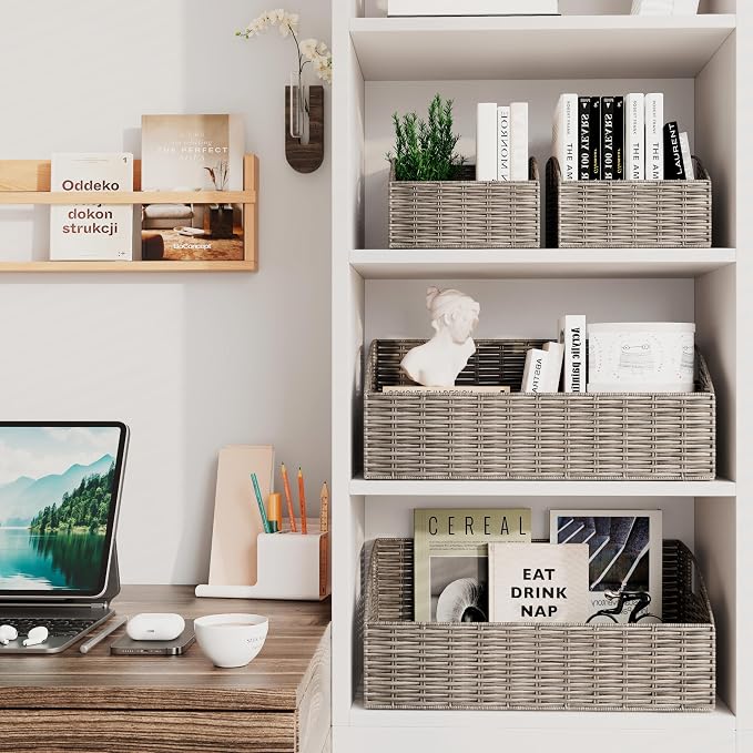 Pantry Baskets Organization, Wicker Storage Bin Shelf Grey | Handwoven Pantry Organizers and Storage with Built-in Handles, Laundryroom Organization Storage Bins for Snack Cans - Image 6