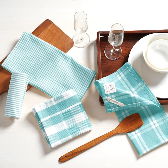 LANE LINEN 100% Cotton Kitchen Dish Cloths, Ultra Soft Absorbent Quick Drying Dish Towels, Multiweave Wash Cloths Dish Towel Sets, 13x28 Inches, 4 Pack - Aqua - Image 4