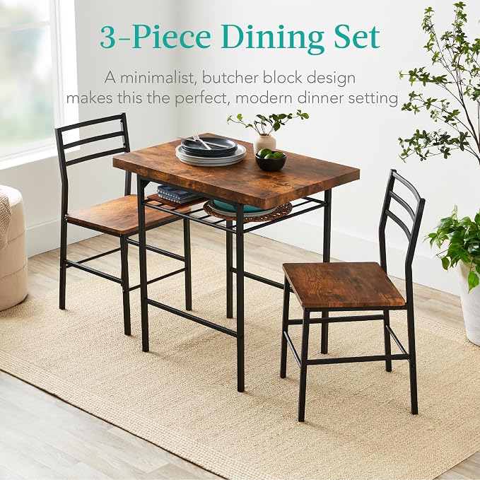Best Choice Products 3-Piece Modern Dining Set, Space Saving Dinette for Kitchen, Dining Room, Small Space w/Steel Frame, Built-in Storage Rack - Medium Brown/Black - Image 5