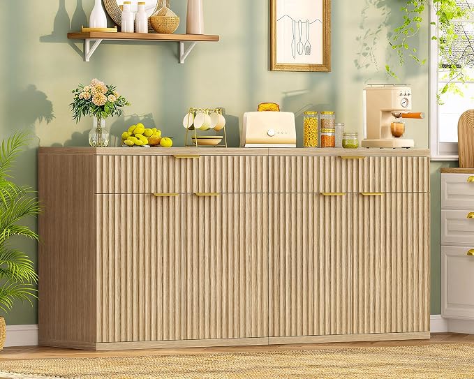 TEENFON Fluted Buffet Cabinet with Storage, 63" Sideboard Cabinet, Coffee Bar Cabinet with 2 Doors and Adjustable Shelf for Living Room, Kitchen, Entryway, Natural by TEENFON