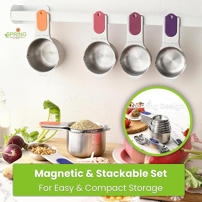Spring Chef Magnetic Measuring Cups & Spoons Set of 15, Mountain Sunrise | Patented Nesting Stainless Steel Measuring Cups & Heavy Duty Metal Measuring Spoons w/ Levelers for Dry & Liquid Ingredients - Image 5