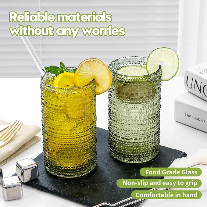 Vintage Glassware Drinking Glasses Set of 6,16oz Hobnail Glass Cups,Embossed Green Water Tumbler,for Cocktail, Juice, Whiskey, Milk and Various Mixed Drinks - Image 4