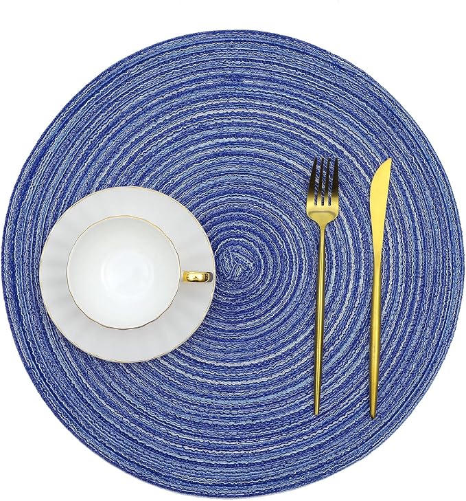 SHACOS Round Braided Placemats Set of 8 Round Table Mats for Dining Tables Washable Fabric Kitchen Table Place Mats (Blue White, 8) - Image 2