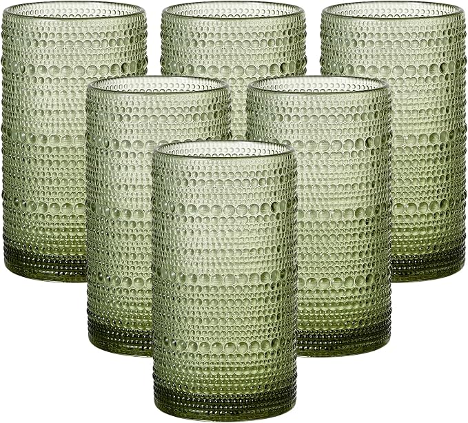16oz Hobnail Drinking Glasses Set of 6, Vintage Large Capacity Embossed Green Tumblers, Highball Glasses for Water, Cocktail, Beer, Whiskey, Juice & Bar Use by Unknown