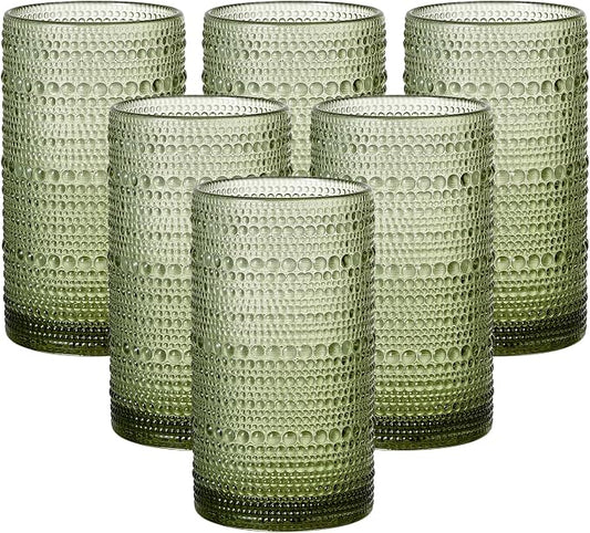16oz Hobnail Drinking Glasses Set of 6, Vintage Large Capacity Embossed Green Tumblers, Highball Glasses for Water, Cocktail, Beer, Whiskey, Juice & Bar Use by Unknown