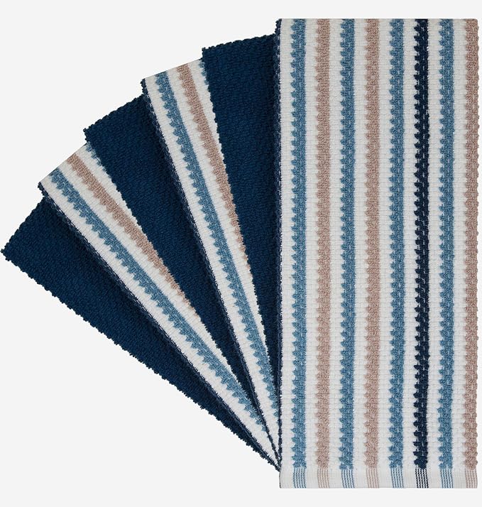 Bumble Kitchen Towels 6 Pack 100% Cotton 16"x26" - Blue Wide Stripe | 430 GSM Soft Kitchen Hand Towels with Hanging Loop, Highly Absorbent & Durable for Washing and Drying Dishes - Image 2