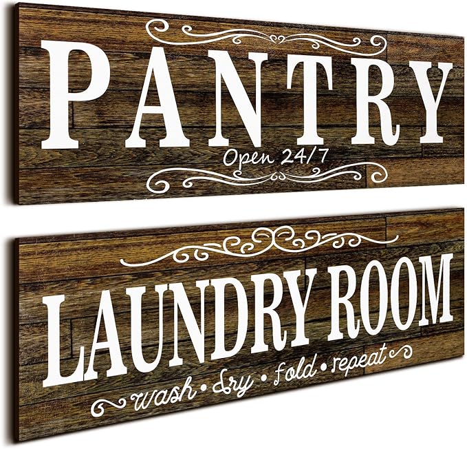 Jetec 2 Pcs Pantry Signs Wall Decor Wooden Laundry Room Signs Farmhouse Laundry Pantry Room Door Sign Wood Rustic Retro for Kitchen Home, 15 x 5 Inches(Brown) by Jetec