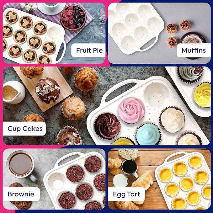 RICCLE 2 Pack Silicone Muffin Pan with Metal Reinforced Frame, 12-Cup Cupcake Pan, Silicone Muffin Tray Cupcake Baking Pan Molds, Molds for baking, Oven & Dishwasher Safe, BPA-Free