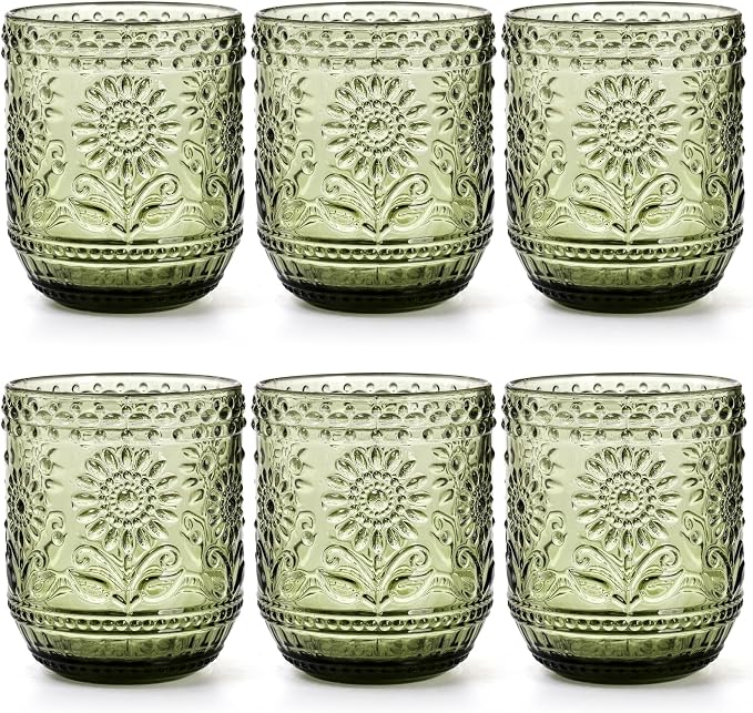 Hacaroa Set of 6 Vintage Drinking Glasses, 12 Oz Green Colored Glassware Floral Embossed Water Glasses, Decorative Beverages Tumblers for Cocktail, Whiskey, Beer by Hacaroa