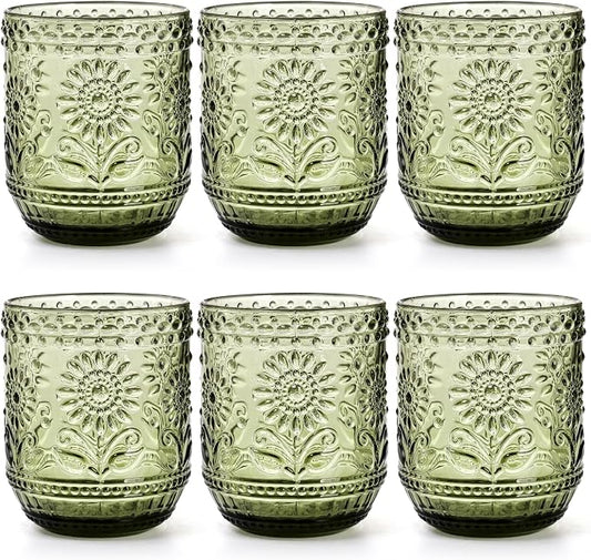 Hacaroa Set of 6 Vintage Drinking Glasses, 12 Oz Green Colored Glassware Floral Embossed Water Glasses, Decorative Beverages Tumblers for Cocktail, Whiskey, Beer by Hacaroa