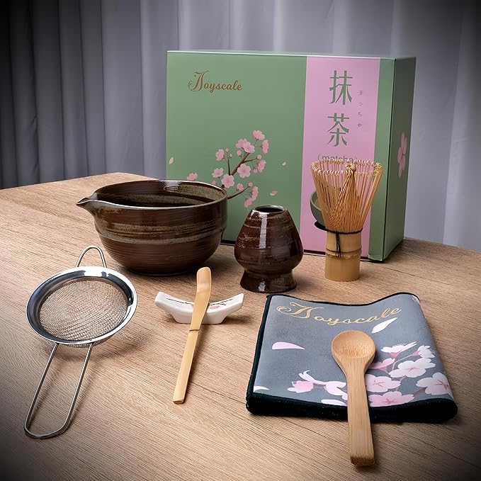Joyscale Matcha Whisk Set, Matcha Set Whisk And Bowl, 8 Pcs Matcha Kit Set(Retro Design), 16 OZ, Japanese Matcha Tea Set, Matcha Making Kit Gifts for Tea Lovers(Brown)