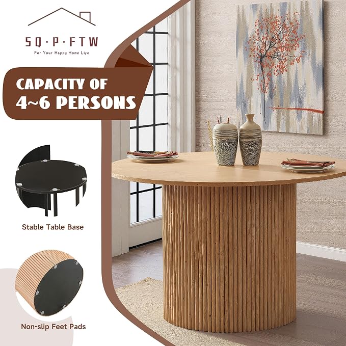 5 Piece Round Dining Table Set for 4, Mid Century Modern Wooden Kitchen Table and Chairs, Space-Saving Small Dinette Set (47 Inch Oak Table+4 Brown Chairs) - Image 8