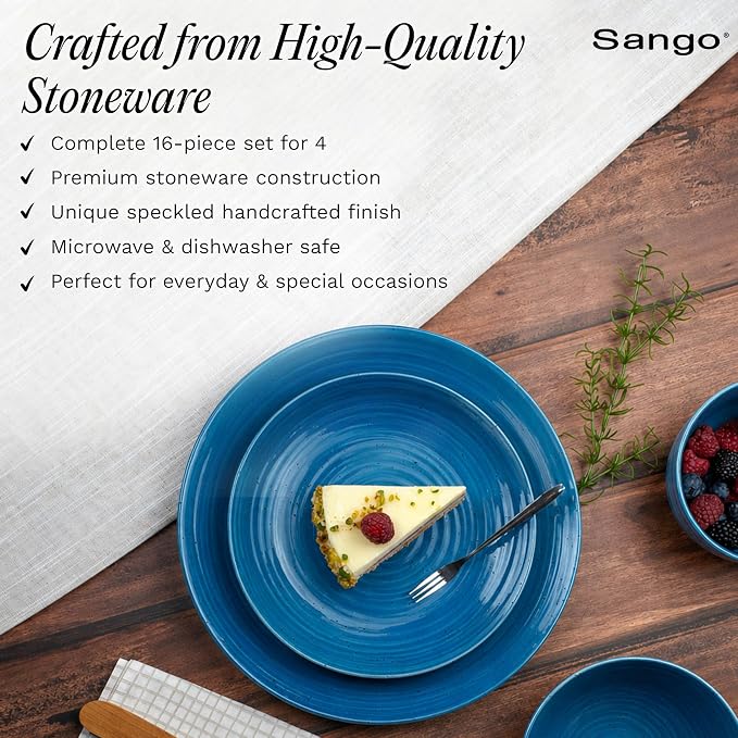 Sango Siterra Artist's Blend 16-Piece Stoneware Dinnerware Set – Service for 4, Ocean Blue Glossy Glaze with Unique Speckled Design, for Everyday Dining & Entertainment, Microwave & Dishwasher Safe - Image 3