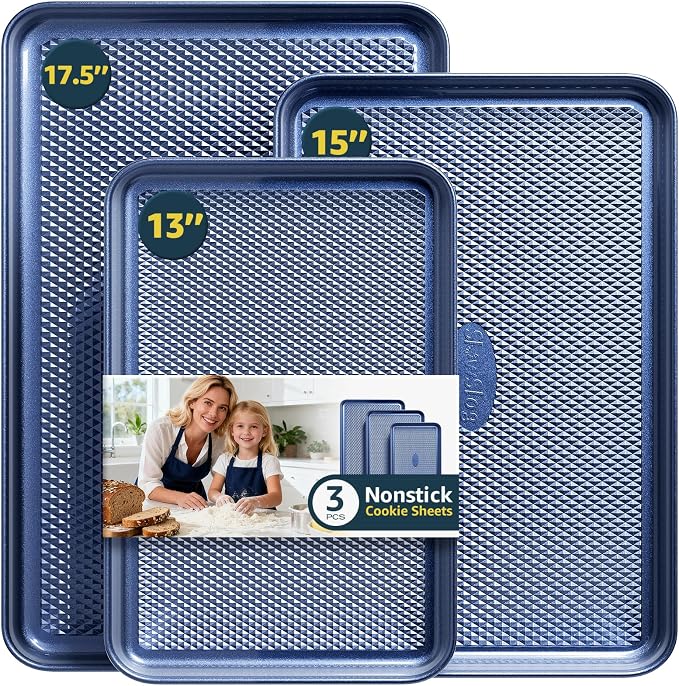 3Pcs Nonstick Baking Sheet, Baking Sheet Pan Set with Diamond Texture, Blue | Large Nonstick Cookie Sheets Set, Jelly Roll Pans, Cookies Sheet for Baking, Cookie Sheet Pan by SlowSLog