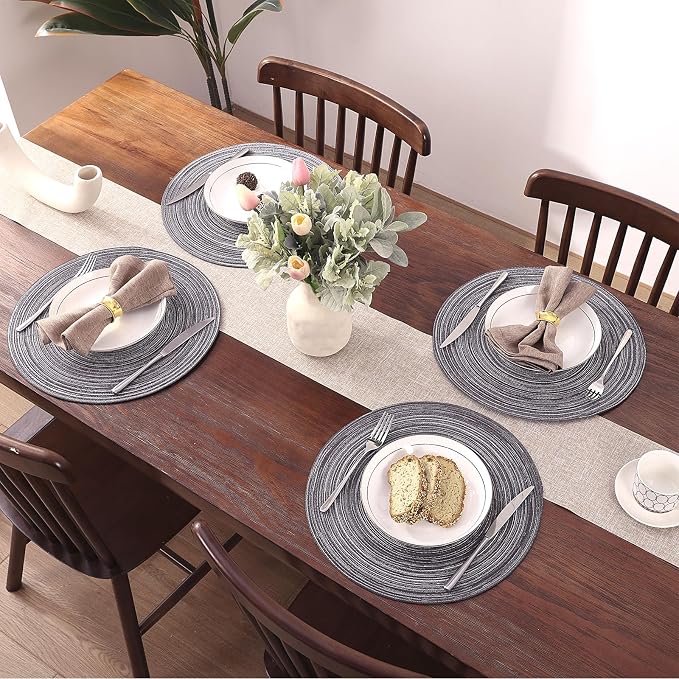 SHACOS Round Placemats Set of 4 Round Braided Placemats 15 inch Cotton Polyester Woven Table Placemats for Dining Table Holiday Party (Black Grey, 4) - Image 5