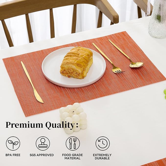Leetaltree Orange Placemats Set of 4 - Heat Resistant Non-Slip Place mats for Dining Table, Washable Durable PVC Vinyl Woven Table Mats（Orange, 4） - Image 2