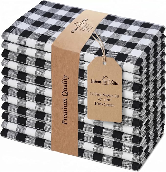 Urban Villa Cloth Napkins Cotton 20x20 (Set of 12) Black Cheks by CottonTrends